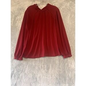 Express Womens Red Pleated High Neck Button Back Blouse Top Medium